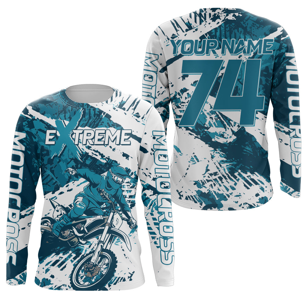 Blue Motocross Jersey UPF30+ Personalized Dirt Bike Youth Motocross Shirt Extreme Off-Road XM91