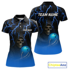 Load image into Gallery viewer, Custom Blue Thunder Skeleton Bowling Jersey for Women Bowling Polo &amp; 1/4 Zip Bowling Team Shirts HNT108