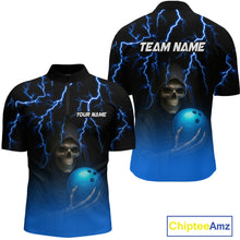 Load image into Gallery viewer, Custom Blue Thunder Skeleton Bowling Jersey for Men Bowling Polo &amp; 1/4 Zip Bowling Team Shirts HNT108