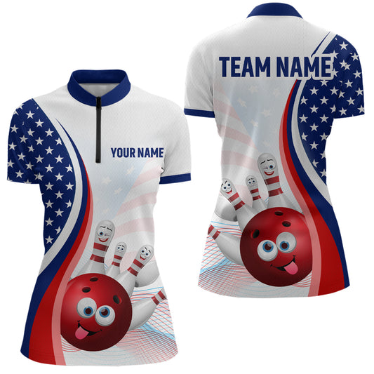 Personalized US Flag Funny Bowling Shirt for Women 3D Bowling Jersey Shirts Polo & Quarter-zip with Team HNT08