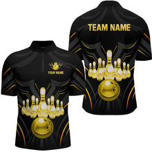 Load image into Gallery viewer, Black and Gold Custom Name Bowling Jerseys For Men Bowling Team Shirts Bowling Pin And Ball HNT26