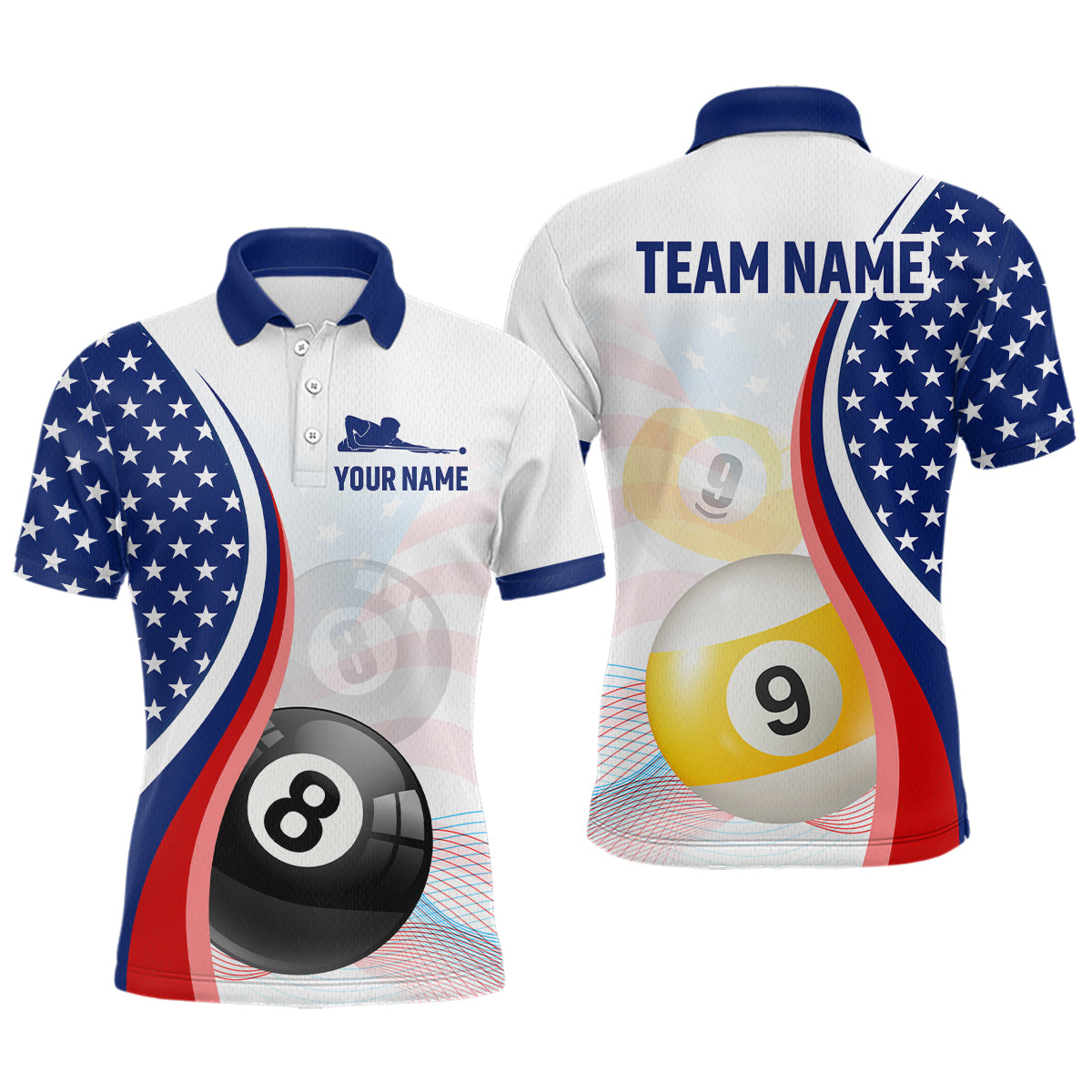 US Flag Billiard Shirt 8 9 Ball Billiard Jersey Billiard Shirt for Men Polo & 1/4 Zip NNT15