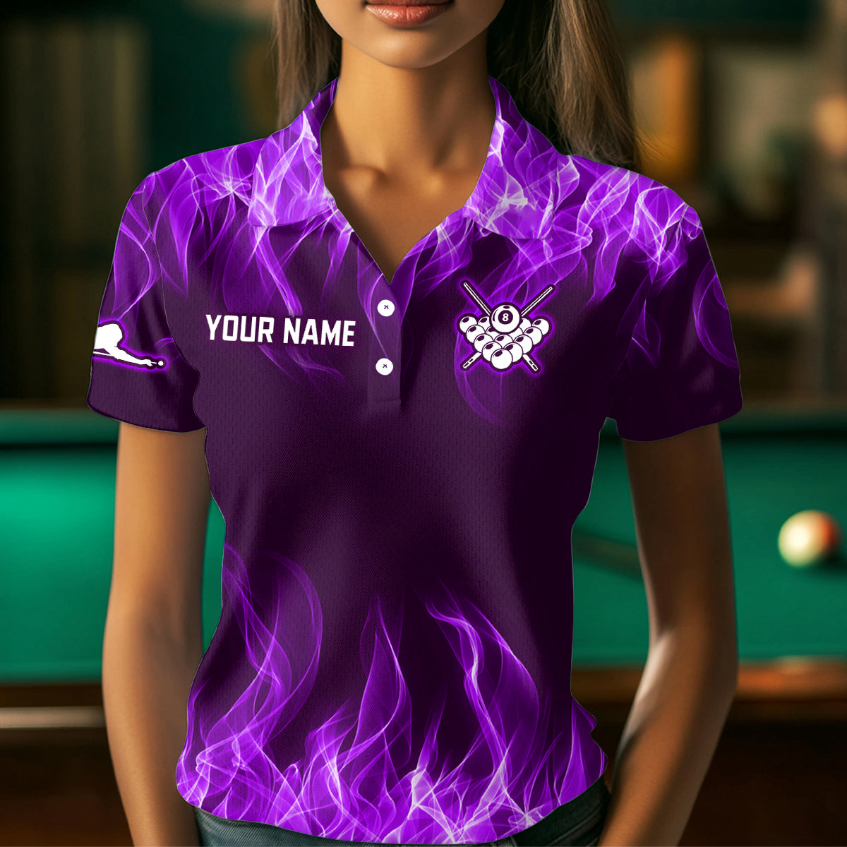 Purple Flaming 8 Ball Pool Shirts Women Billiard Polo & 1/4 Zip Shirts Billiard Team Jerseys NNT10