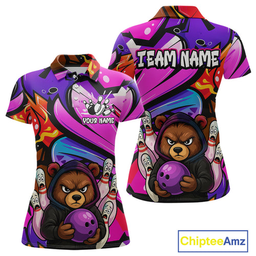 Custom Funny Bear Bowling Women Bowling Shirt Polo & Quarter-Zip Bowling Team Jerseys HNT84