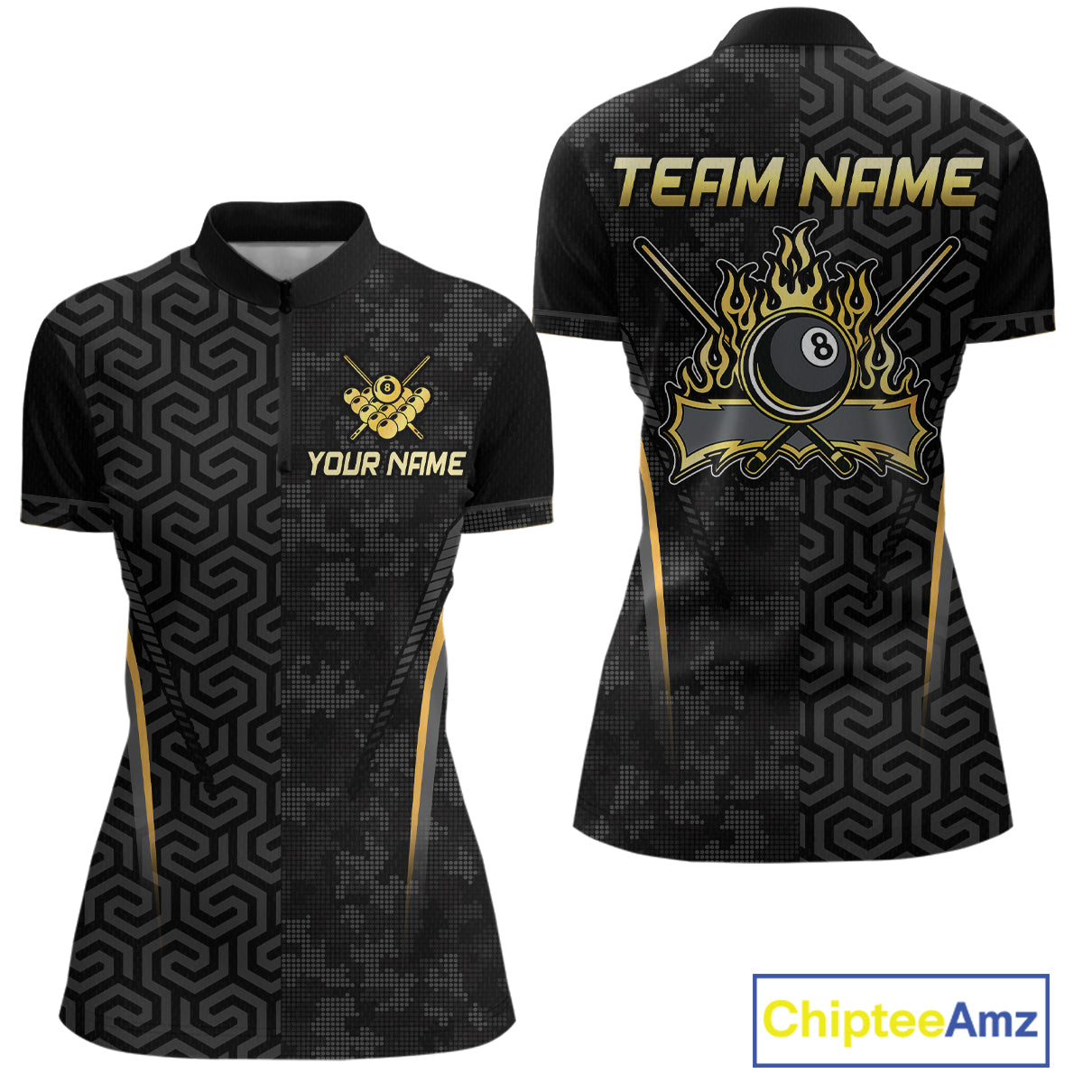 Custom Black Gold 8 Ball Flame Billiard Shirts for Women, Billiard Team Polo & 1/4 Zip Shirts NNT61