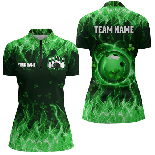 Personalized St Patrick Day Funny Flaming Bowling Shirt Women Team Polo & 1/4 Zip Shirts HNT13