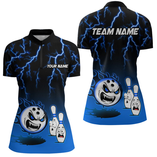 Blue Funny Crazy Bowling Shirt for Women Bowling Jersey Shirts Polo & Quarter- Zip Bowling League HNT17