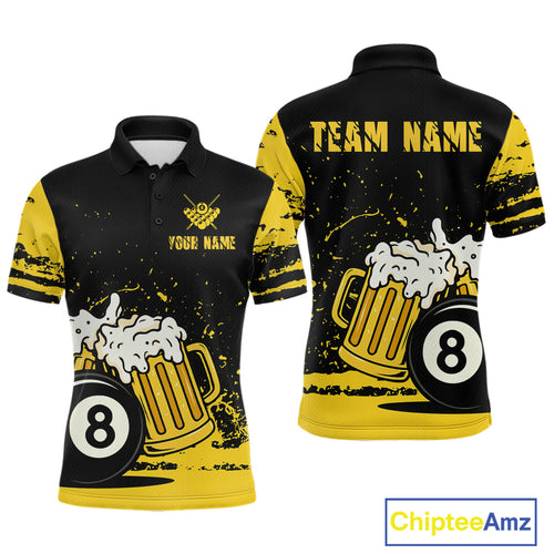 Custom Black and Yellow 8 Ball Beer Billiard Shirts for Men, Billiard Team Polo & 1/4 Zip Shirts NNT68