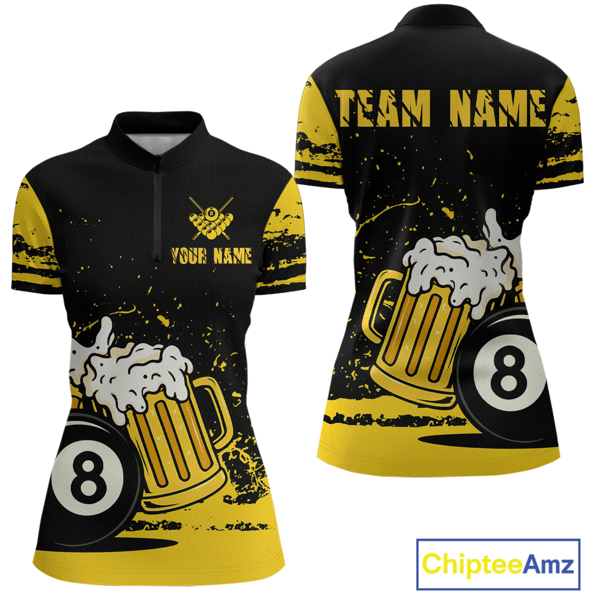 Custom Black and Yellow 8 Ball Beer Billiard Shirts for Women, Billiard Team Polo & 1/4 Zip Shirts NNT68