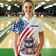 Load image into Gallery viewer, Funny US Flag French Bulldog Bowling Women Polo &amp; 1/4 Zip Shirts Bowling Team Jersey HNT88