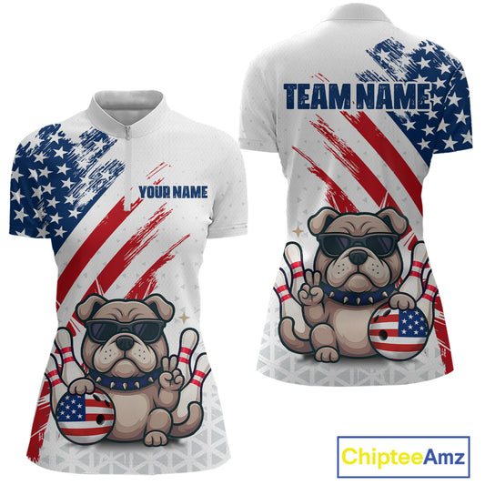 Funny US Flag French Bulldog Bowling Women Polo & 1/4 Zip Shirts Bowling Team Jersey HNT88
