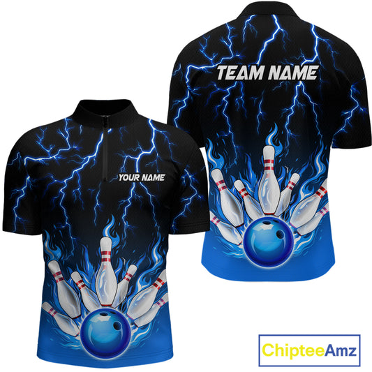 Blue Thunder Bowling Custom Men Bowling Shirt Polo & Quarter-Zip Bowling Team Shirts HNT71