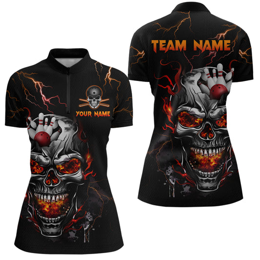Thunder Bowling Jerseys Women Polo & 1/4 Zip Shirt Skull Bowling Shirt for Women HNT01