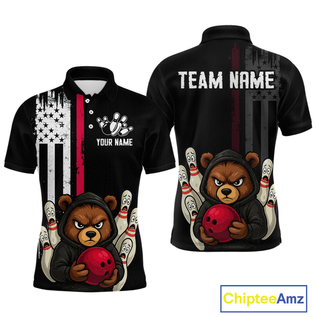 Custom American Flag Bear Bowling Men Polo & 1/4 Zip Shirts Bowling Team Jerseys HNT90