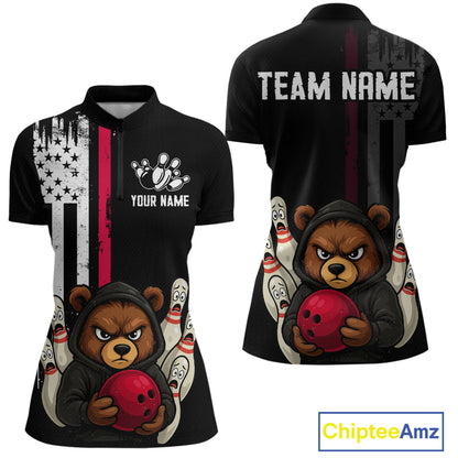 Custom American Flag Bear Bowling Women Polo & 1/4 Zip Shirts Bowling Team Jerseys HNT90