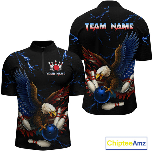 Blue Thunder US Flag Eagle Bowling Shirts for Men Team Bowling Polo & Quarter-Zip HNT96