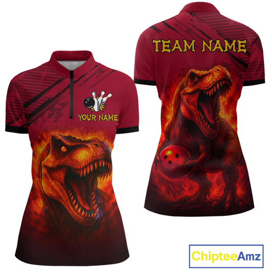 Red Dinosaur Bowling Custom Women Bowling Shirt Polo & Quarter-Zip Bowling Team Jerseys HNT72