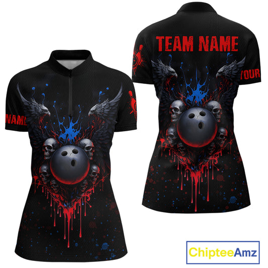 Custom Eagle Skull Bowling Women Shirts Bowling Uniform Polo & 1/4 Zip Bowling Team Jerseys HNT102