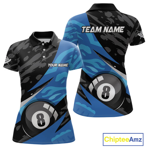 Blue Camo 8 Ball Billiard Shirts for Women Billiard Team Shirts Billiard Uniform Polo & 1/4 Zip NNT77