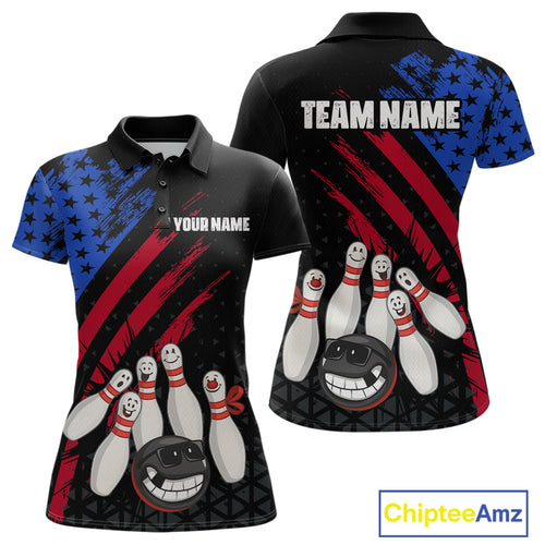 Custom Funny US Flag Bowling Jersey for Women Bowling Uniform Polo & 1/4 Zip Bowling Team Shirts HNT126