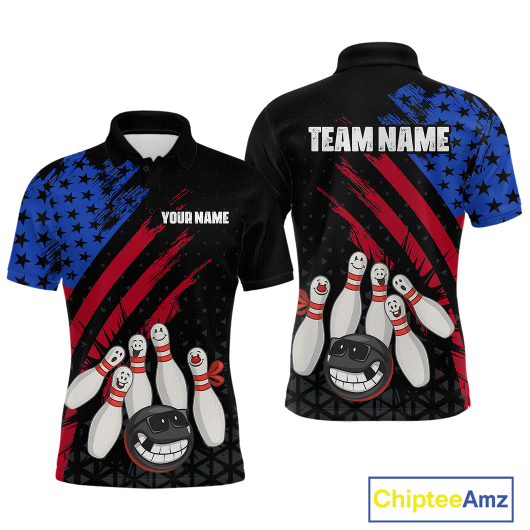 Custom Funny US Flag Bowling Jersey for Men Bowling Uniform Polo & 1/4 Zip Bowling Team Shirts HNT126