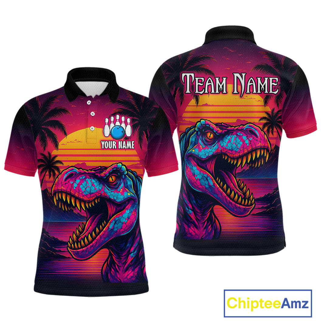 Custom Neon Dinosaur Bowling Men Bowling Shirt Polo & Quarter-Zip Bowling Team Jerseys HNT78