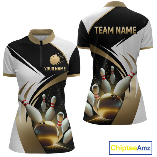 Gold Bowling Custom Women Bowling Shirt Polo & Quarter-Zip Bowling Team Jerseys HNT61