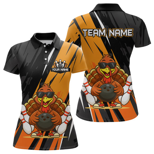 Custom Orange Funny Turkey Bowling Jersey for Women Polo & 1/4 Zip Thanksgiving Bowling Team Shirts HNT124