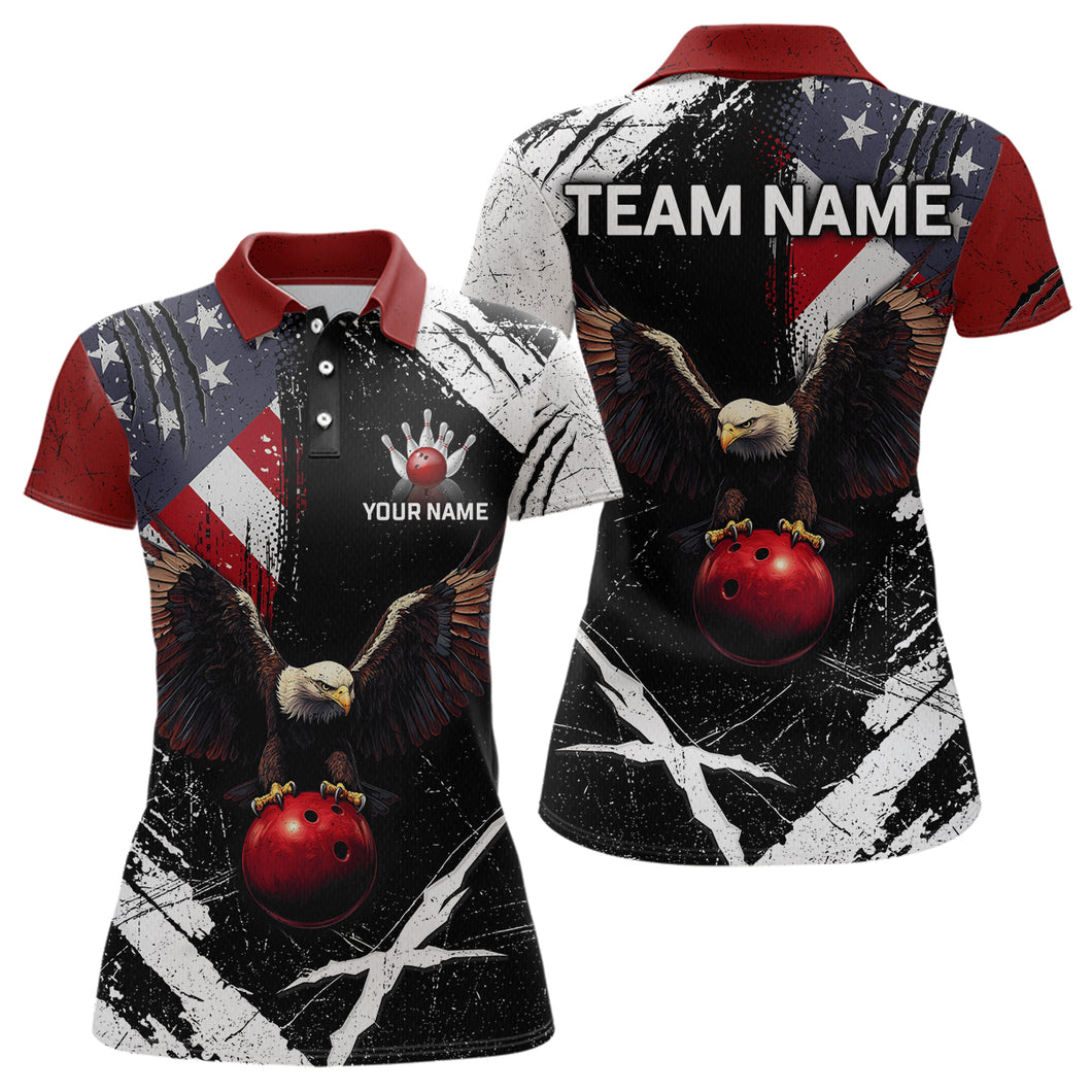 US Flag Eagle Custom Name Bowling Team Shirts For Women Bowling League Polo & 1/4 Zip Shirt HNT06