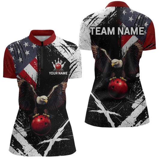 US Flag Eagle Custom Name Bowling Team Shirts For Women Bowling League Polo & 1/4 Zip Shirt HNT06