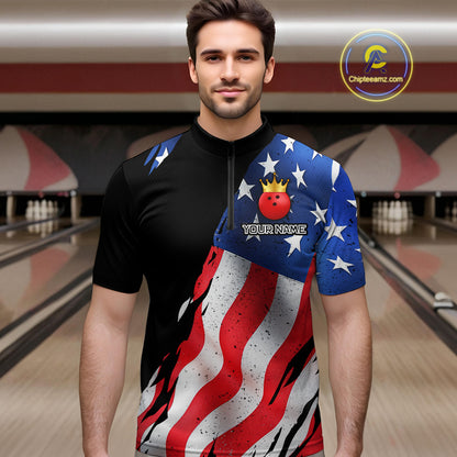 Custom US Flag Crown Bowling Men Bowling Shirt Polo & Quarter-Zip Bowling Team Jerseys HNT85
