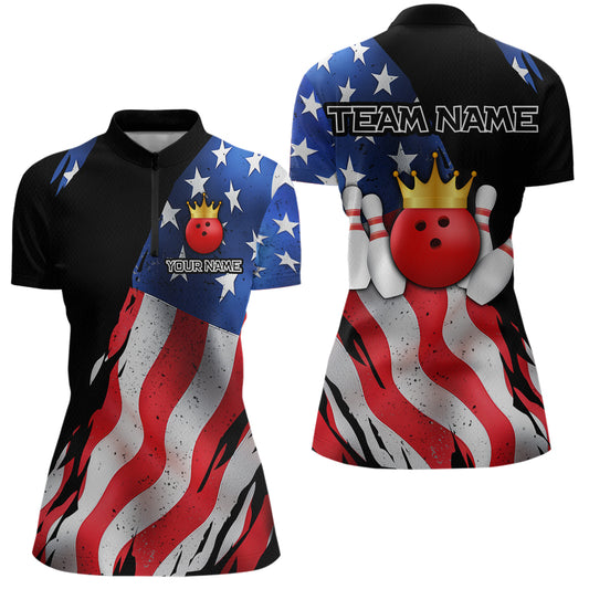 Custom US Flag Crown Bowling Women Bowling Shirt Polo & Quarter-Zip Bowling Team Jerseys HNT85