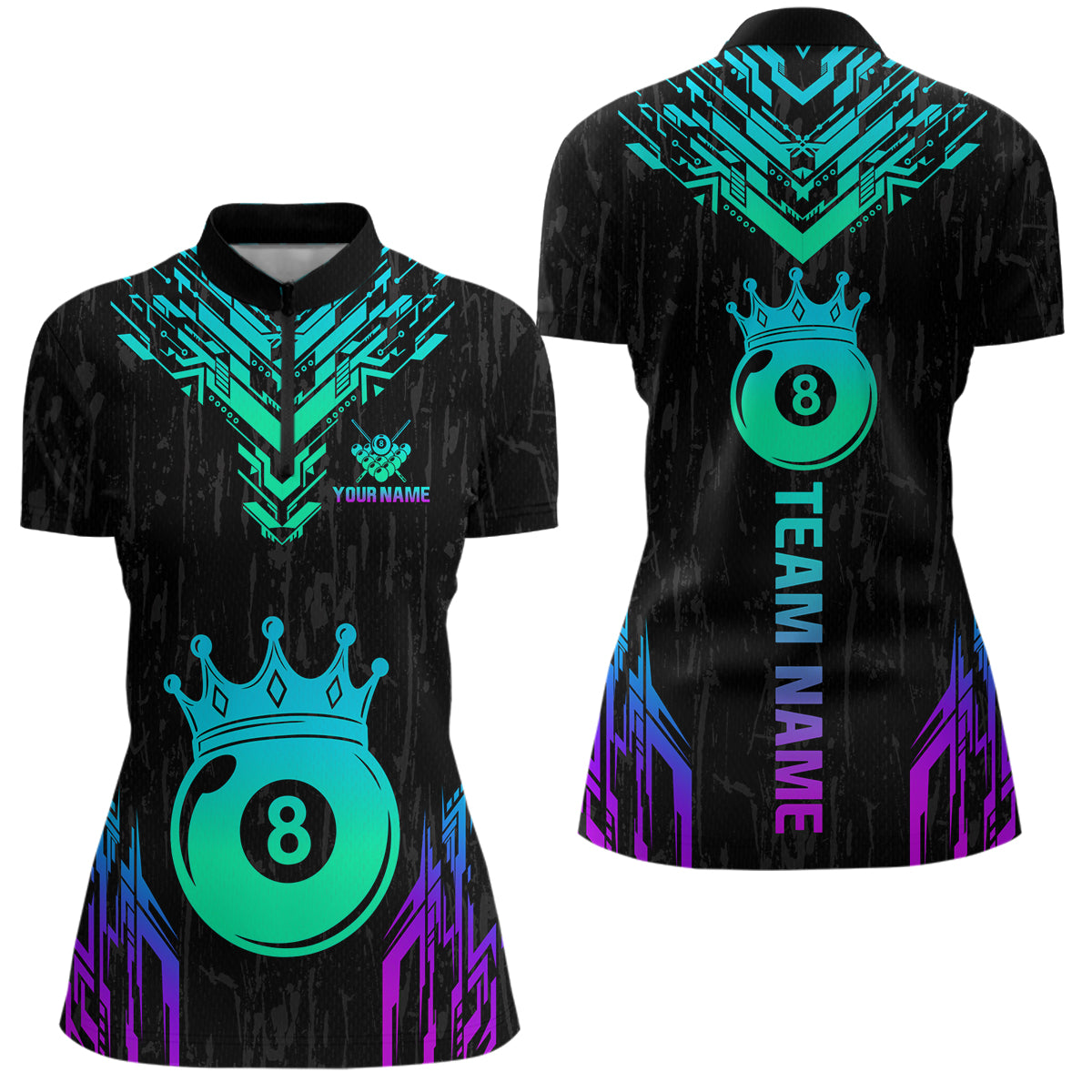 Custom Black Neon 8 Ball Crown Billiard Shirts for Women and Team Polo & 1/4 Zip Shirts NNT48