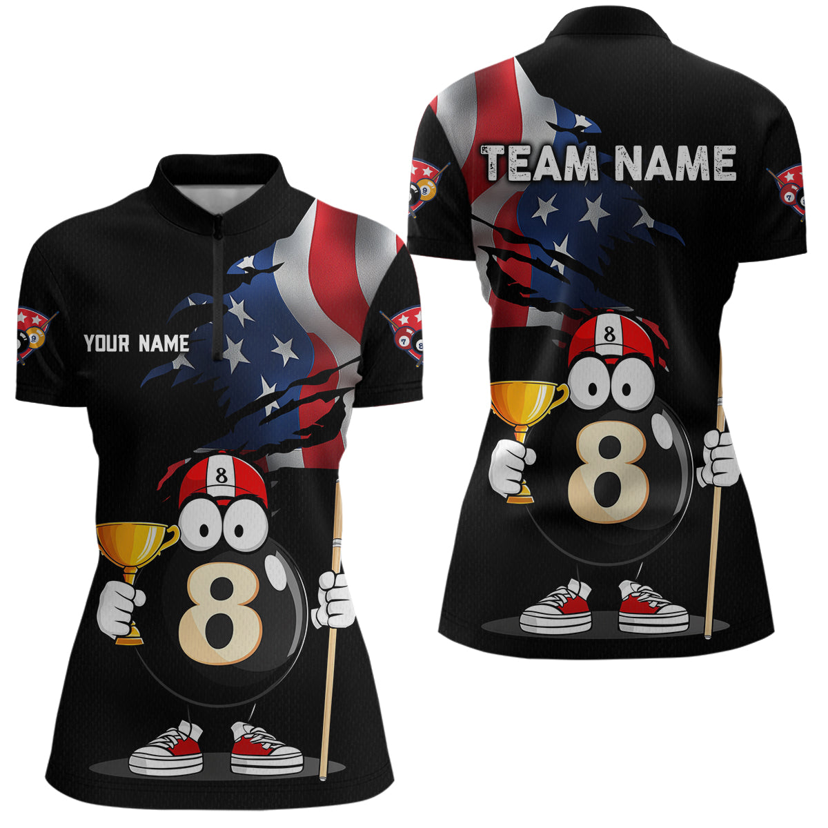 US Flag Funny 8 Ball Billiard Jersey Women Billiard Shirt for Men Team Polo & 1/4 Zip NNT12