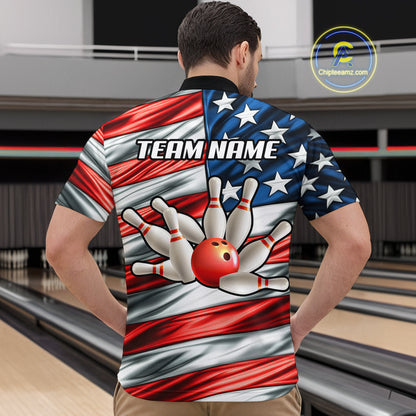 Custom American Flag Bowling Men Shirts Bowling Uniform Polo & 1/4 Zip Bowling Team Jerseys HNT97