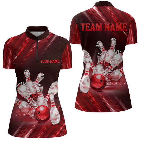 Custom Red Bowling Jersey for Women Bowling Team Shirts Bowling Uniform Polo & 1/4 Zip HNT162