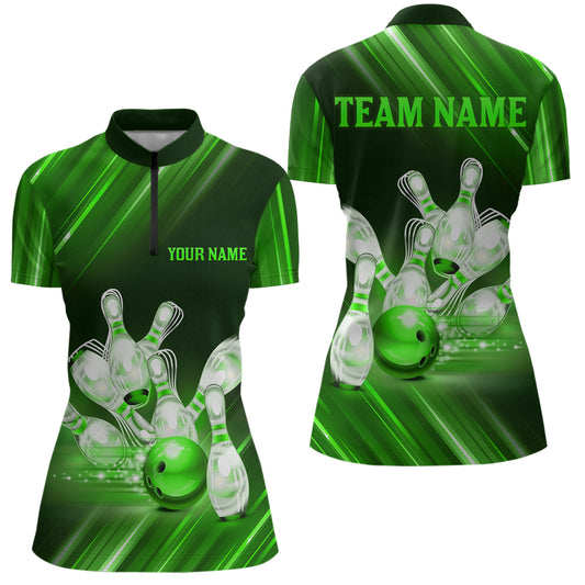 Custom Green Bowling Jersey for Women Bowling Team Shirts Bowling Uniform Polo & 1/4 Zip HNT162
