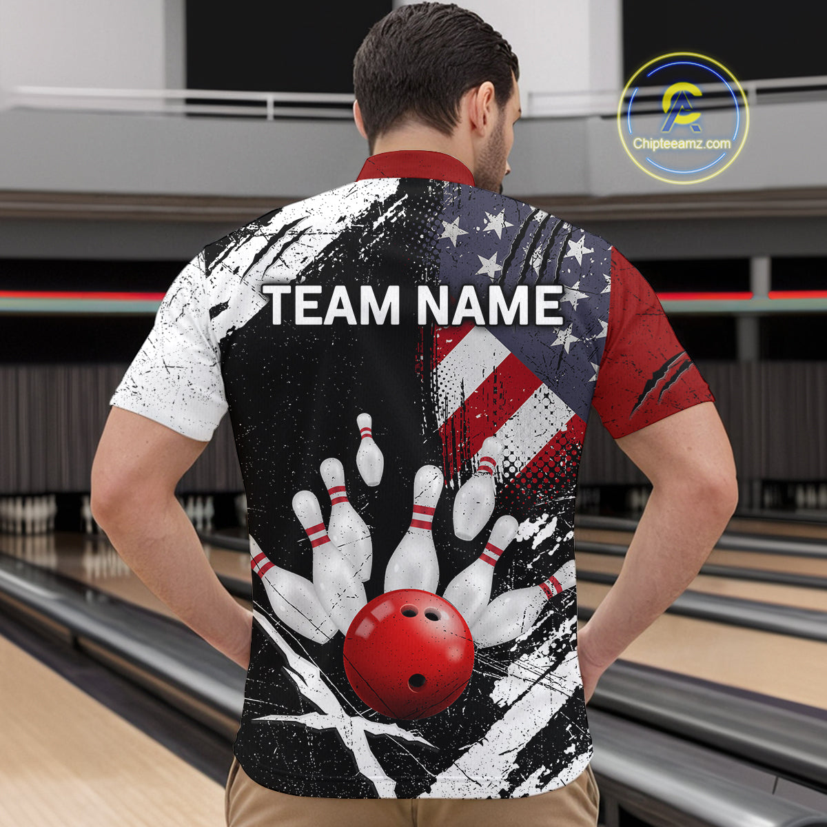 Custom US Flag Bowling Shirts for Men Polo & Quarter-Zip Bowling Team Bowling League HNT83