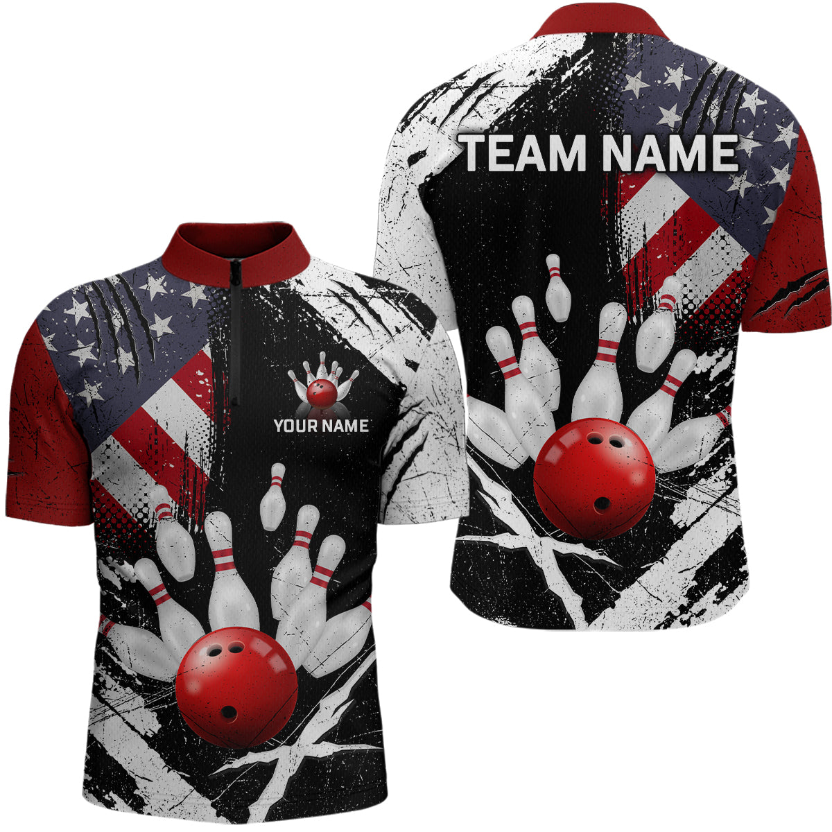 Custom US Flag Bowling Shirts for Men Polo & Quarter-Zip Bowling Team Bowling League HNT83