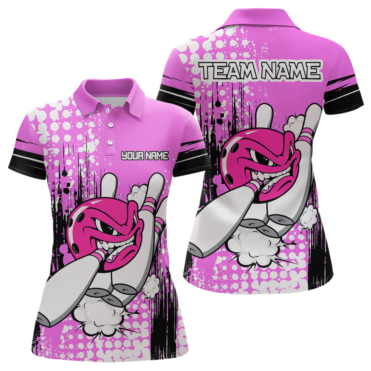 Personalized Pink Funny Crazy Bowling Shirt for Women Polo & Quarter-Zip Bowling Jersey with Team HNT03