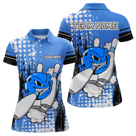 Personalized Blue Funny Crazy Bowling Shirt for Women Polo & Quarter-Zip Bowling Jersey with Team HNT03