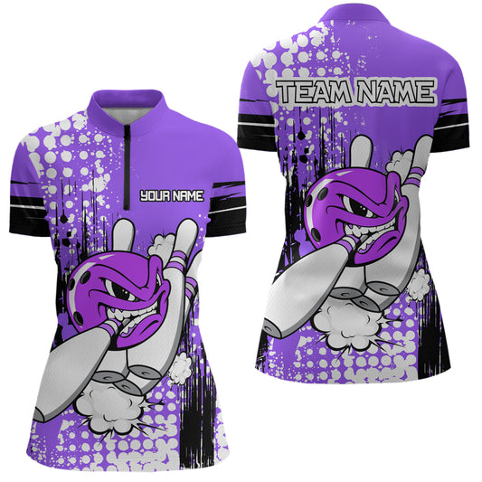 Personalized Purple Funny Crazy Bowling Shirt for Women Polo & Quarter-Zip Bowling Jersey with Team HNT03