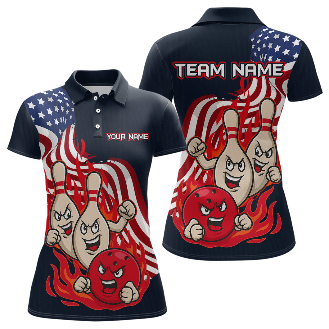 Custom American Flag Bowling Women Polo & 1/4 Zip Shirts Funny Flame Bowling Team Jerseys HNT92