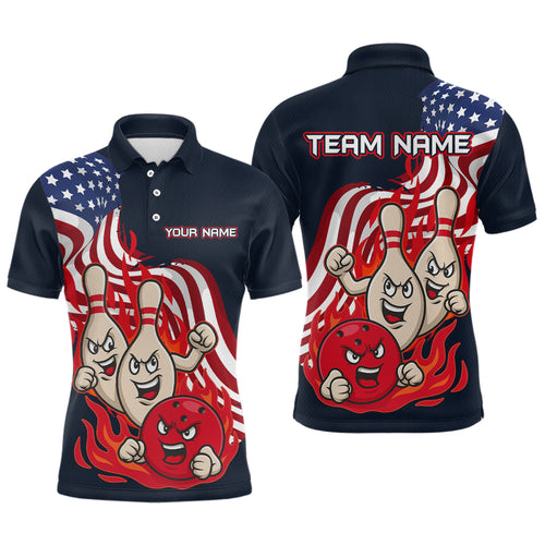 Custom American Flag Bowling Men Polo & 1/4 Zip Shirts Funny Flame Bowling Team Jerseys HNT92