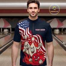Load image into Gallery viewer, Custom American Flag Bowling Men Polo &amp; 1/4 Zip Shirts Funny Flame Bowling Team Jerseys HNT92