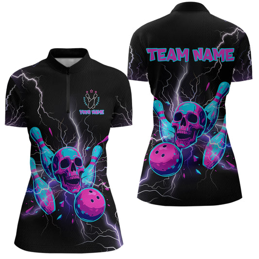Custom Thunder Skull Flame Bowling Women Polo & 1/4 Zip Shirts Bowling Team Jerseys HNT93