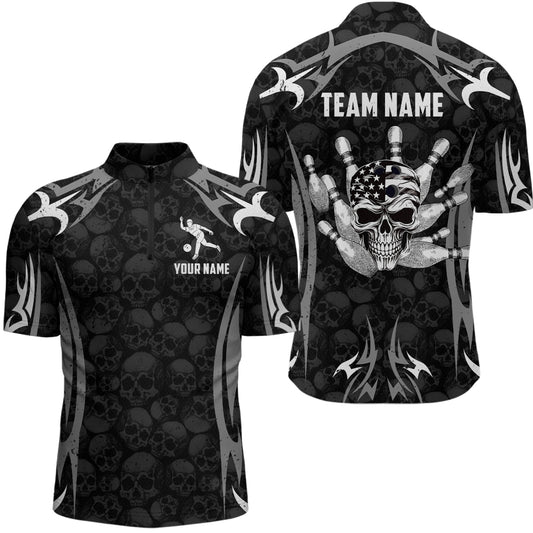 Skull Bowling Shirt for Men Personalized Patriotic Bowling Team Jersey Shirts Polo & Quarter-Zip HNT32