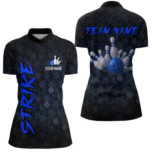 Custom Strike Blue Bowling Women Bowling Shirt Polo & Quarter-Zip Bowling Team Jerseys HNT79