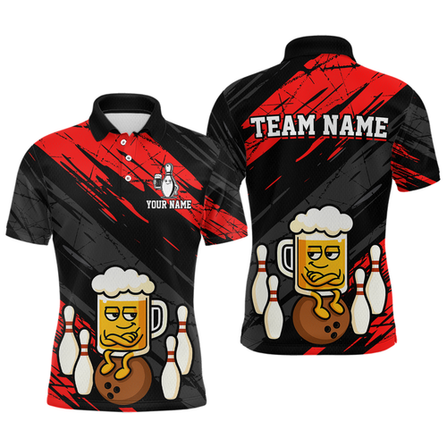 Custom Red Funny Beer Bowling Jersey for Men Bowling Uniform Polo & 1/4 Zip Bowling Team Shirts HNT107