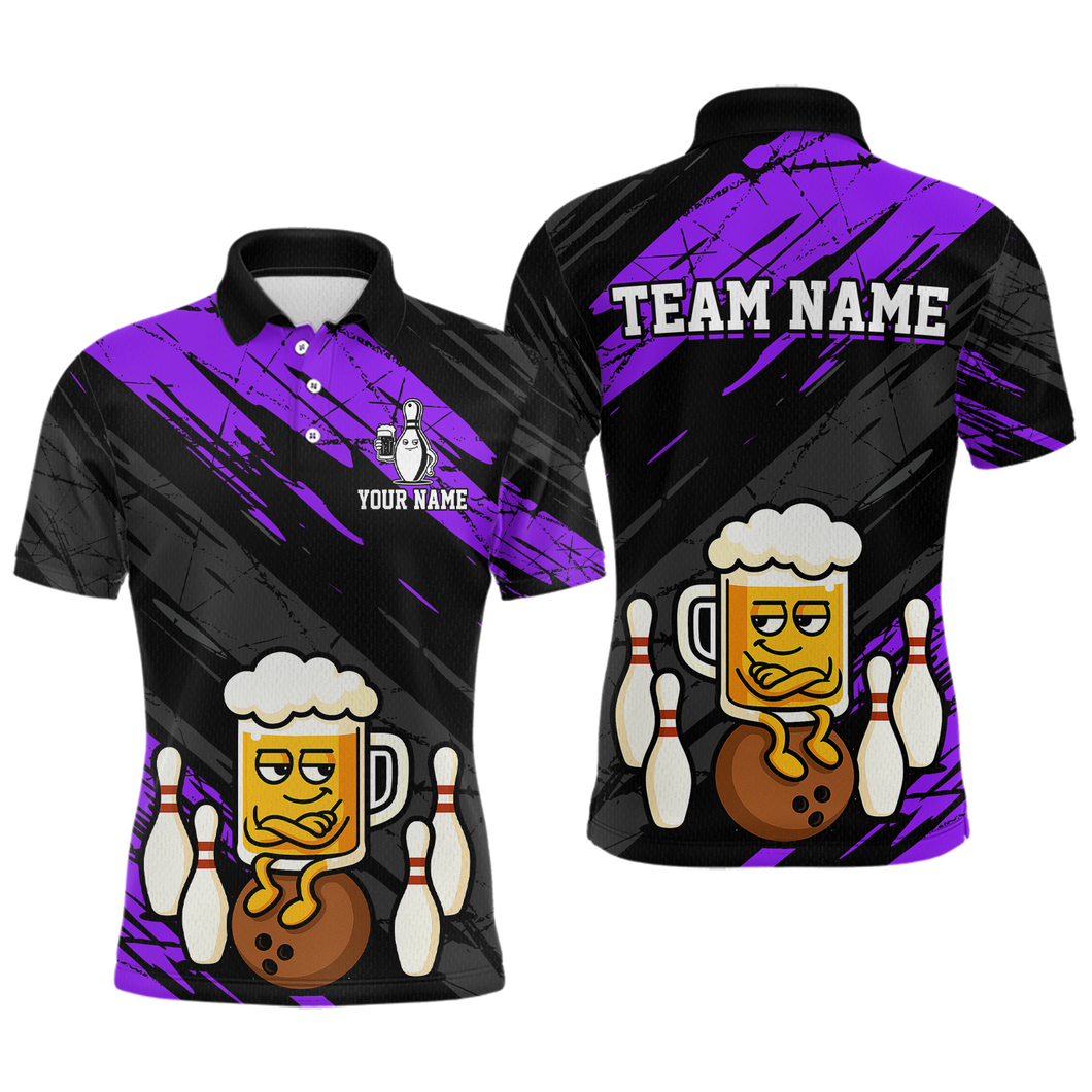 Custom Purple Funny Beer Bowling Jersey for Men Bowling Uniform Polo & 1/4 Zip Bowling Team Shirts HNT107